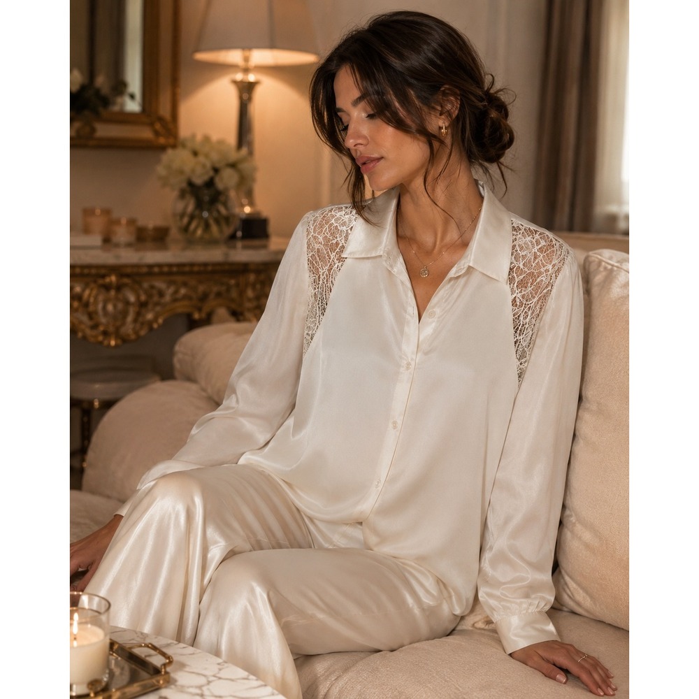 Thistlepearl‎ Cream Satin Lace Inset Button Down Blouse Long Sleeve Ivory Small